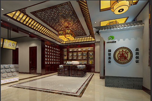 海原古朴典雅的中式茶叶店大堂设计效果图